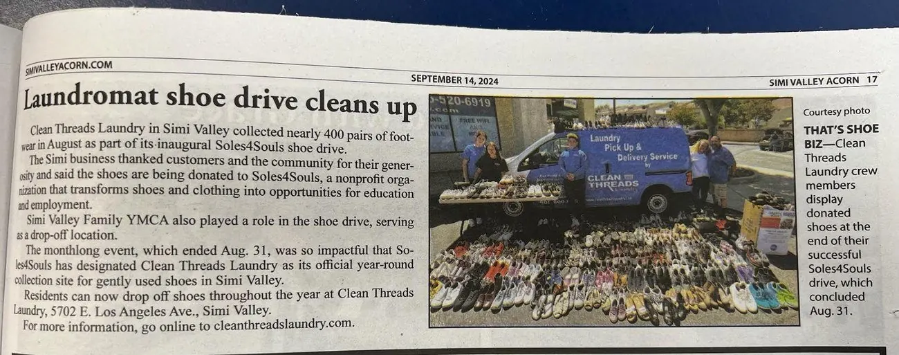 Simi Valley Acorn clipping about the Clean Threads Soles4Souls shoe drive